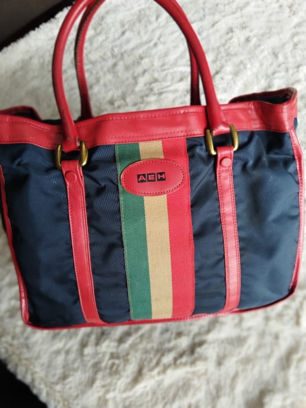 Lark Luggage Vintage Webbing Stripe Travel Duffel Tote Bag Navy Red Green AEH - Picture 8 of 16
